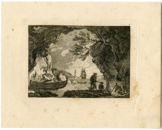 Antique Master Print-COASTAL GROTTO SCENE WITH SHIP-CAMPFIRE-Berthoud-1820