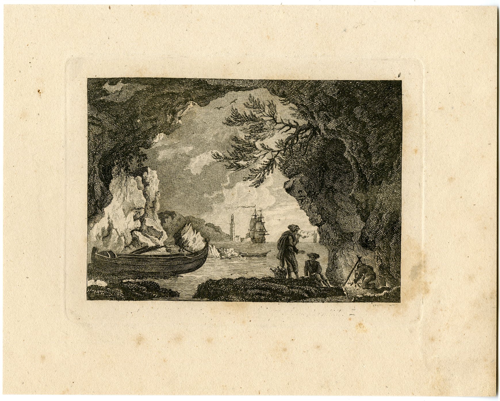 , Antique Master Print-COASTAL GROTTO SCENE WITH SHIP-CAMPFIRE-Berthoud-1820, Pictura Antique Prints