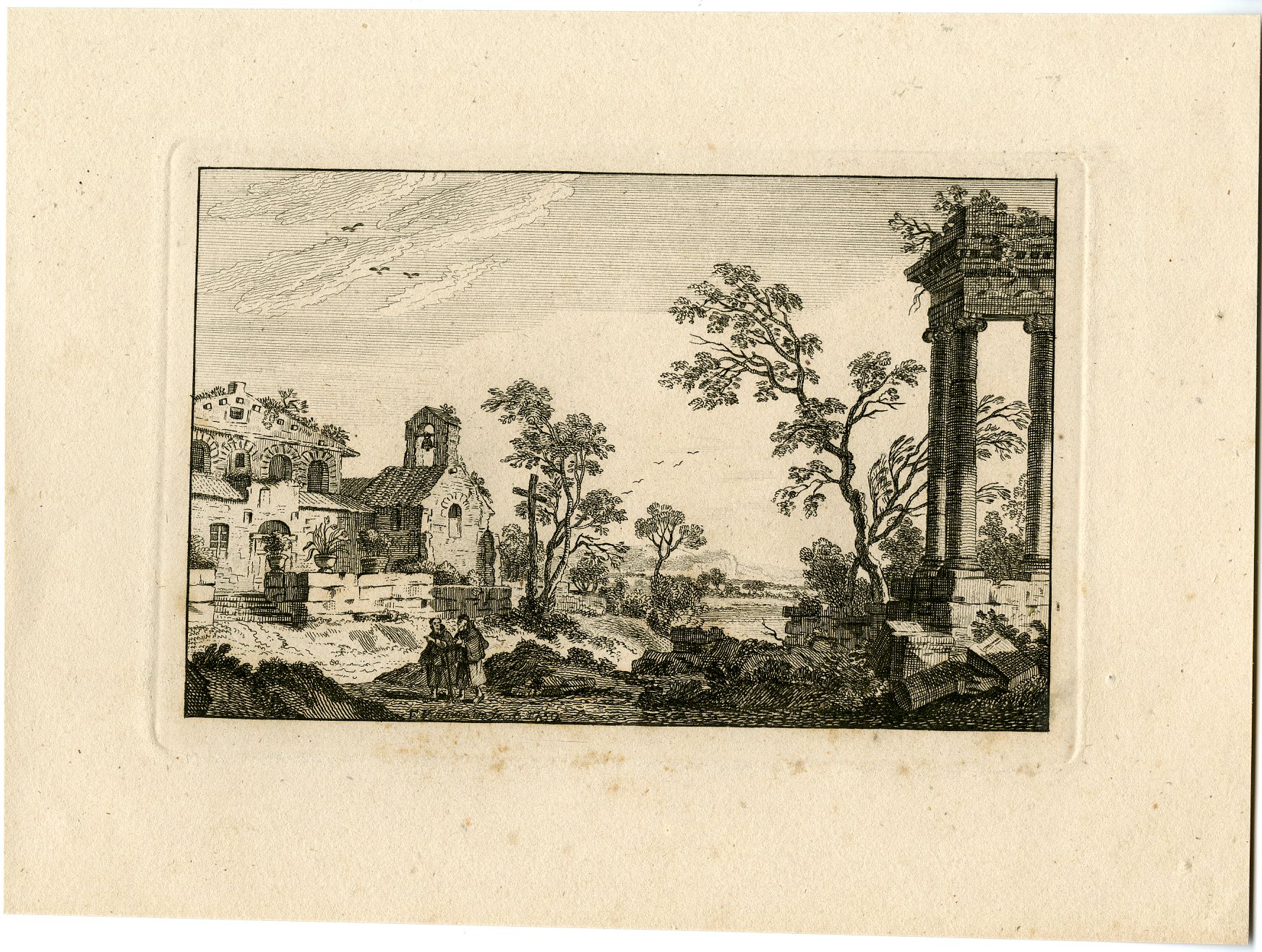 , Antique Master Print-CLASSICAL RUINS WITH CHURCH AND COLUMNS-Berthoud-1820, Pictura Antique Prints
