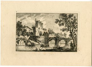 Antique Master Print-RIVER LANDSCAPE WITH BRIDGE AND RUINS-Berthoud-1820