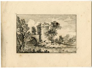 Antique Master Print-LANDSCAPE WITH TOWER-BRIDGE-DUCKS-Berthoud-1820