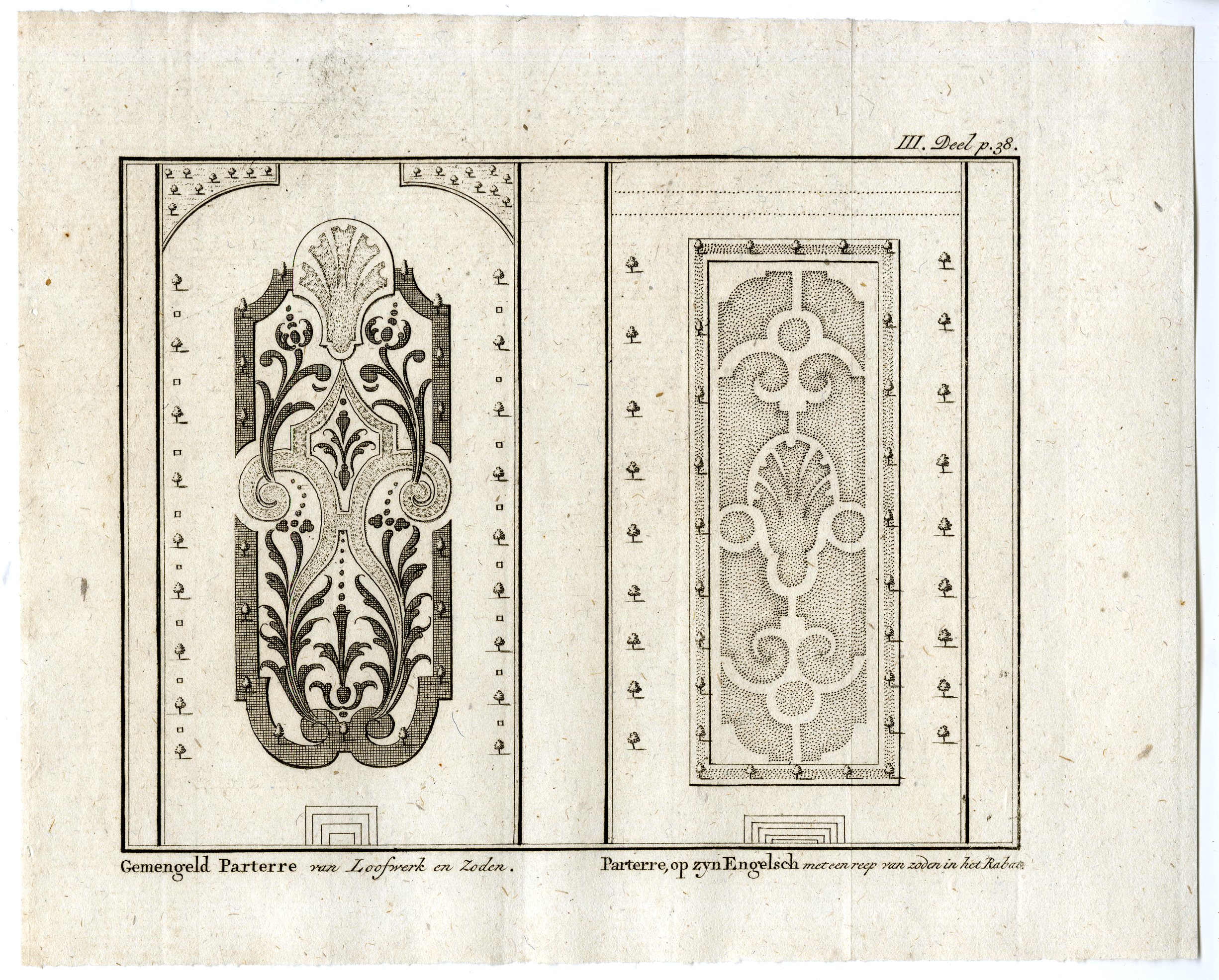 , Antique Print-BAROQUE-GARDEN-PARTERRE-ENGLISH-STYLE-PL.III.38-Pluche-1799, Pictura Antique Prints