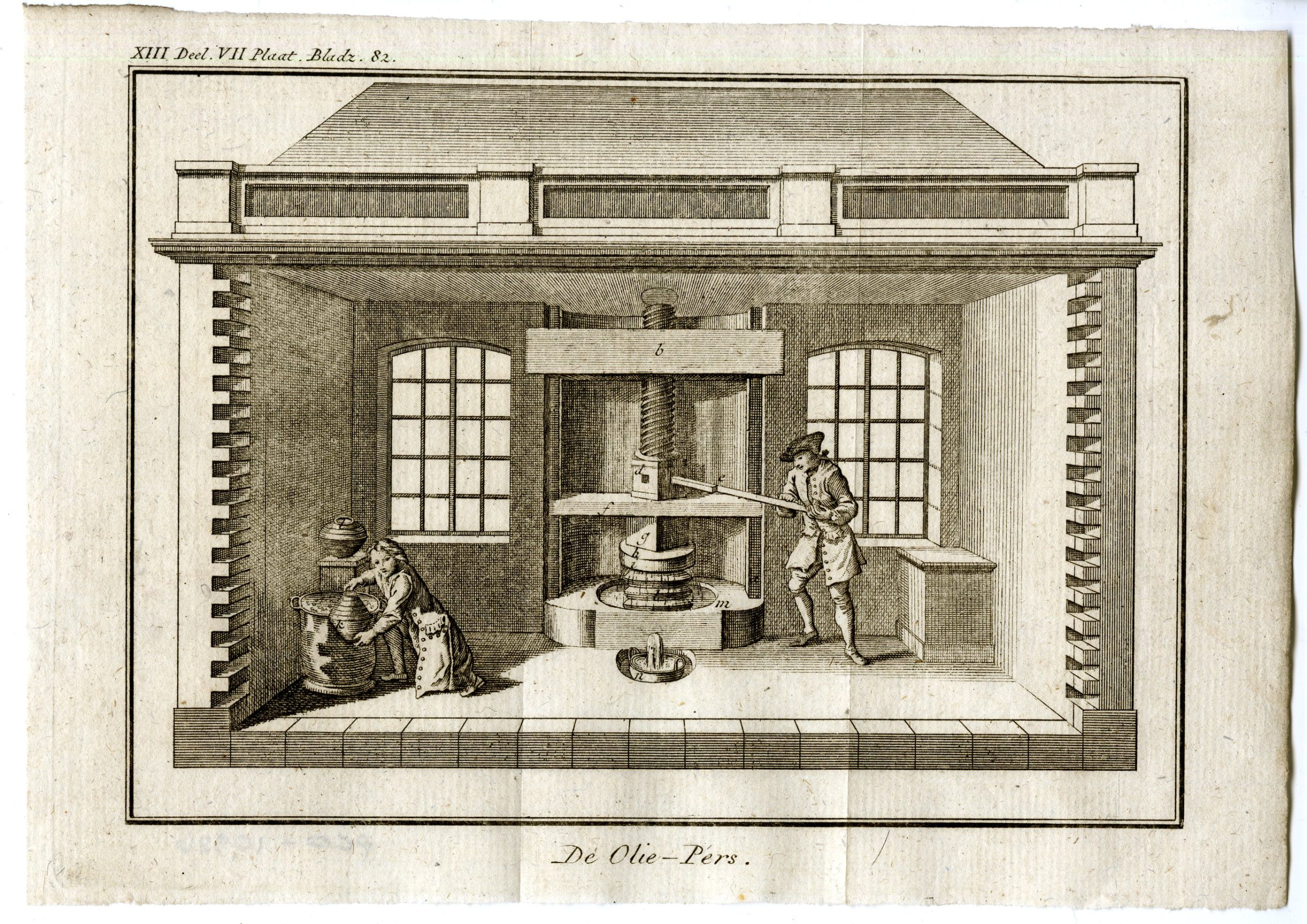 , Antique Print-OIL PRESS INTERIOR-PL.XIII.VII.-Pluche-1799, Pictura Antique Prints