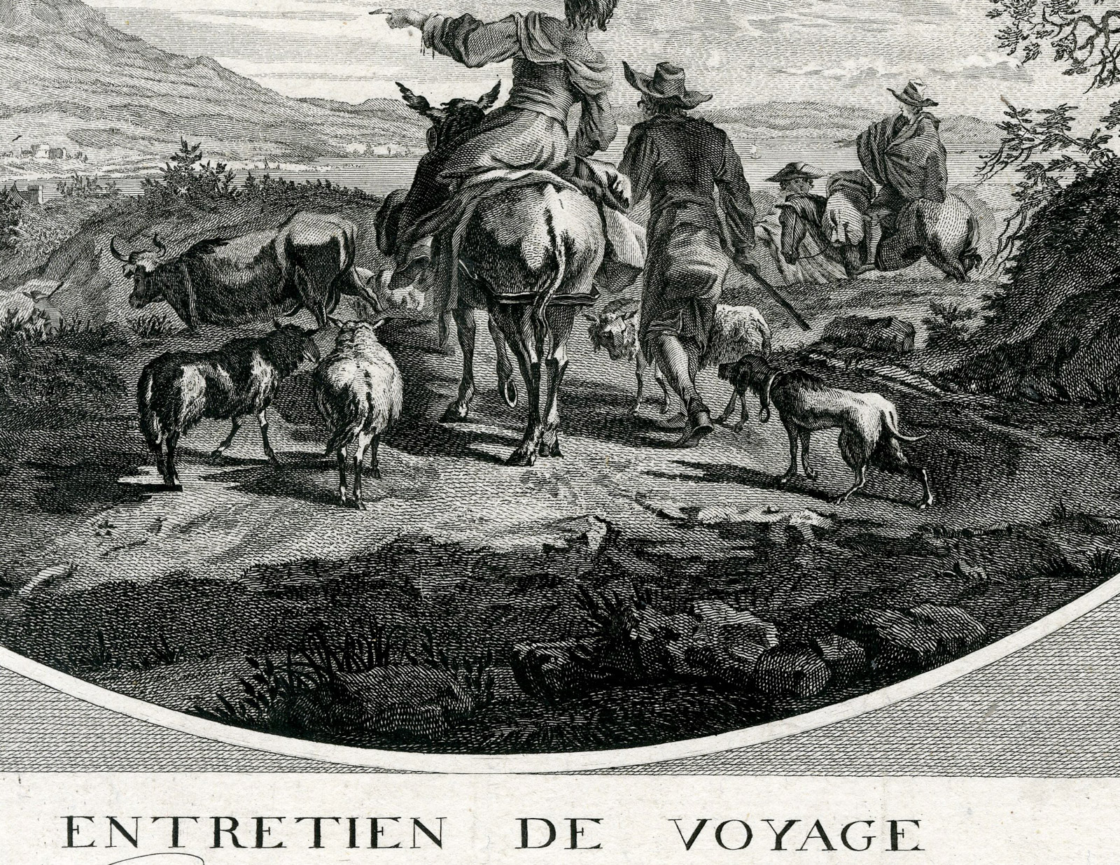 , Antique Master Print-ENTRETIEN-DE-VOYAGE-TRAVEL TALK-Testolini-Berchem-c.1770, Pictura Antique Prints
