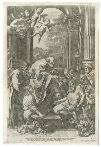 Antique Master Print-SAINT-JEROME-TREATING THE SICK-Testa-Domenichino-17th c.