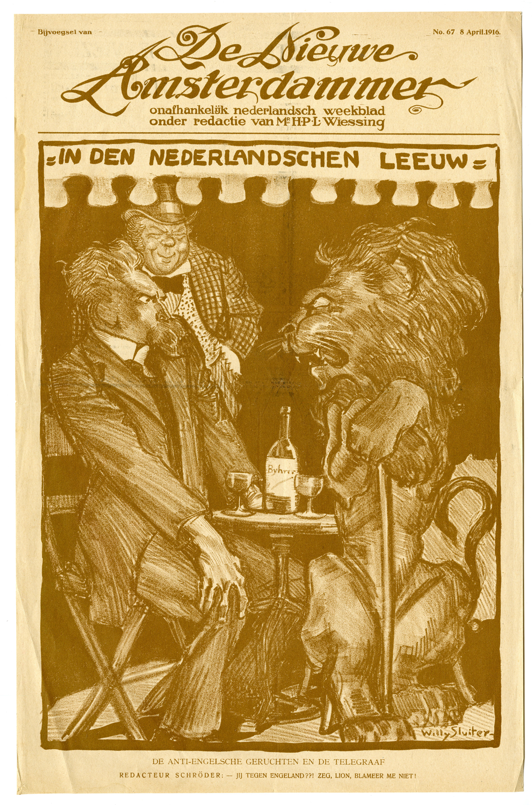 , Antique Print-SPOTPRENT-TELEGRAAF-POLITICAL-CARTOON-WWI-Sluiter-1916, Pictura Antique Prints