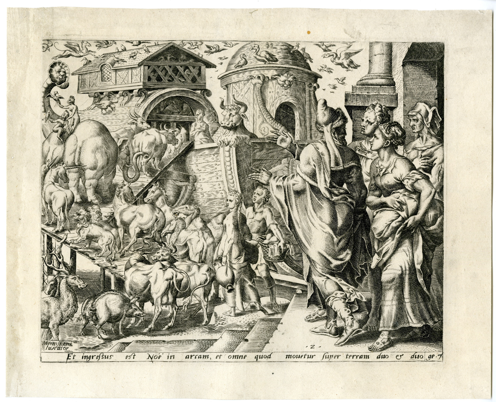 , Antique Master Print-NOAH-BOARDING-ARK-ANIMALS-Cort-Heemskerck-c.1559-1560, Pictura Antique Prints