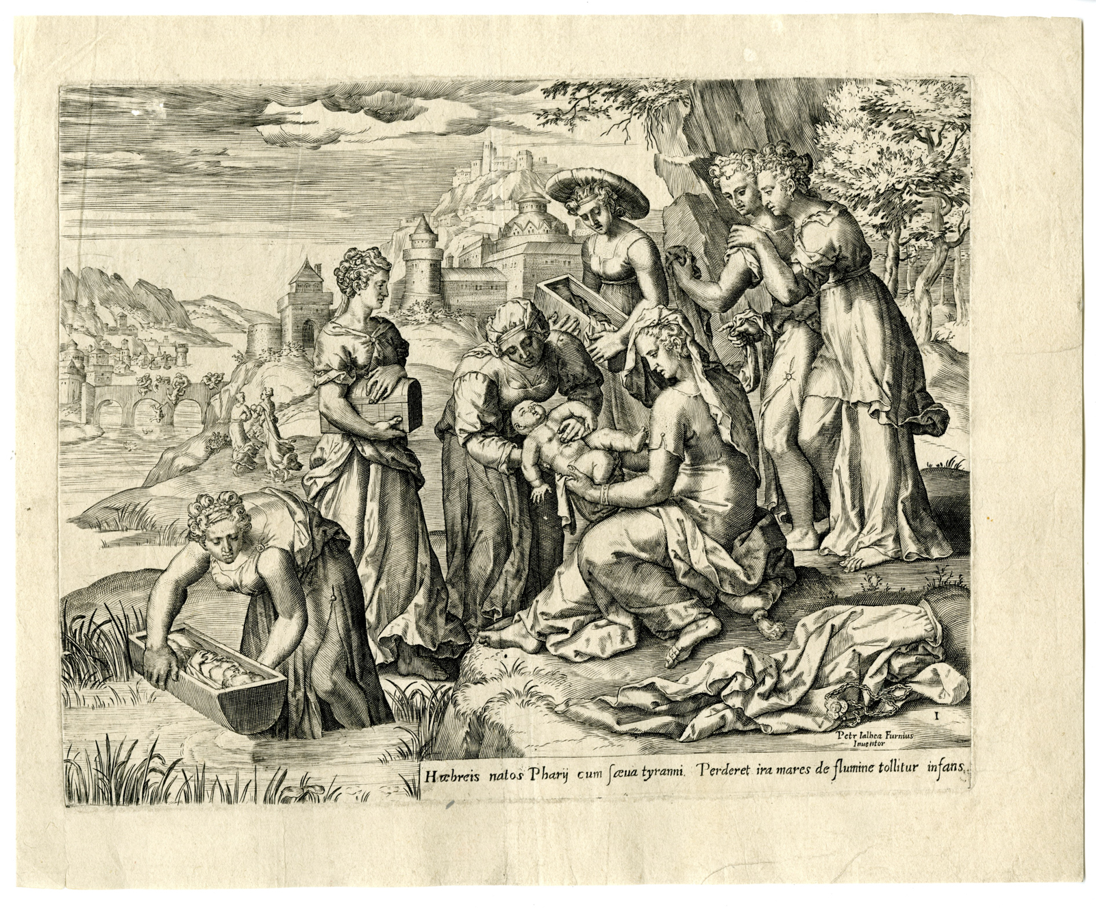 , 4-Antique Master Prints-FINDING-OF-MOSES-NILE-PHARAO-Furnius-c.1585, Pictura Antique Prints