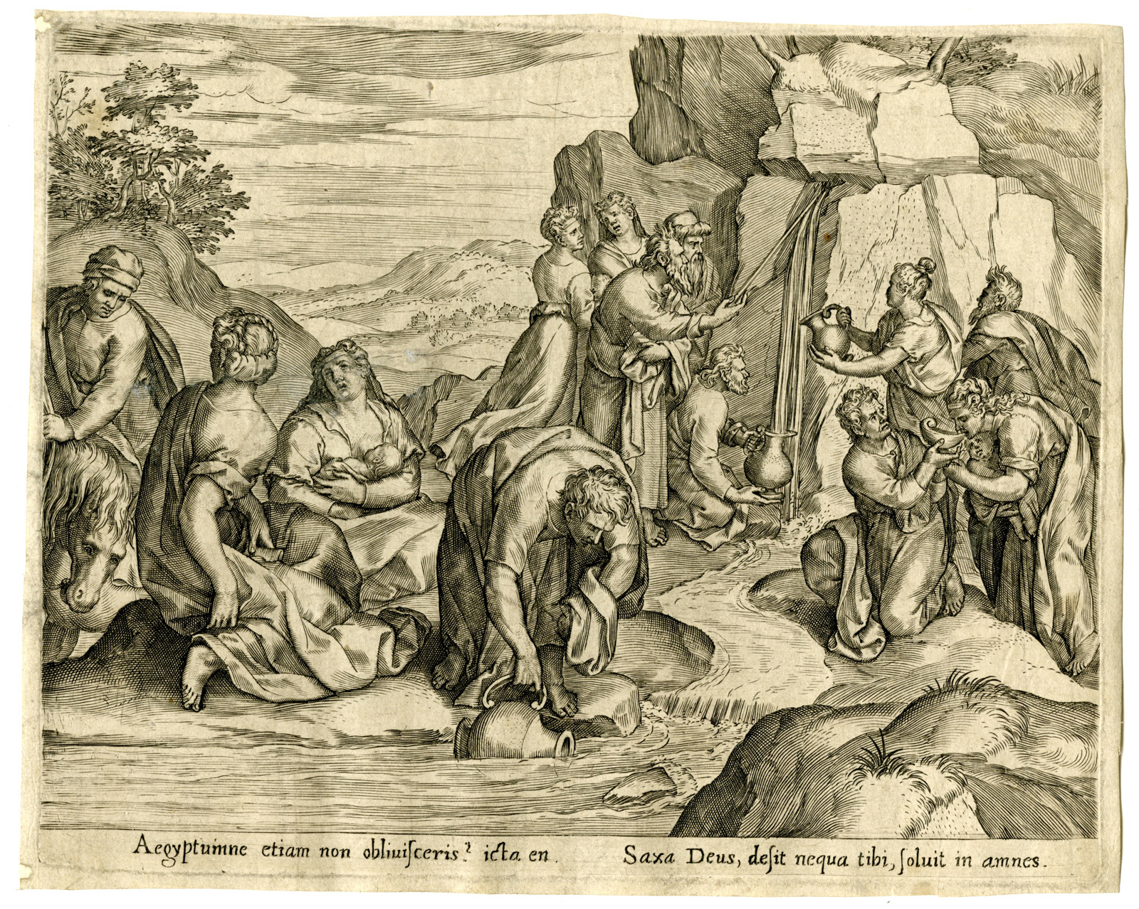 , Antique Master Print-MOSES-WATER-FROM-ROCK-Anonymous-c.1585, Pictura Antique Prints