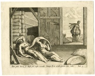 Antique Master Print-RUTH-BOAZ-NIGHT-SCENE-GRANARY-Galle-de Weerdt-c.1557-1591