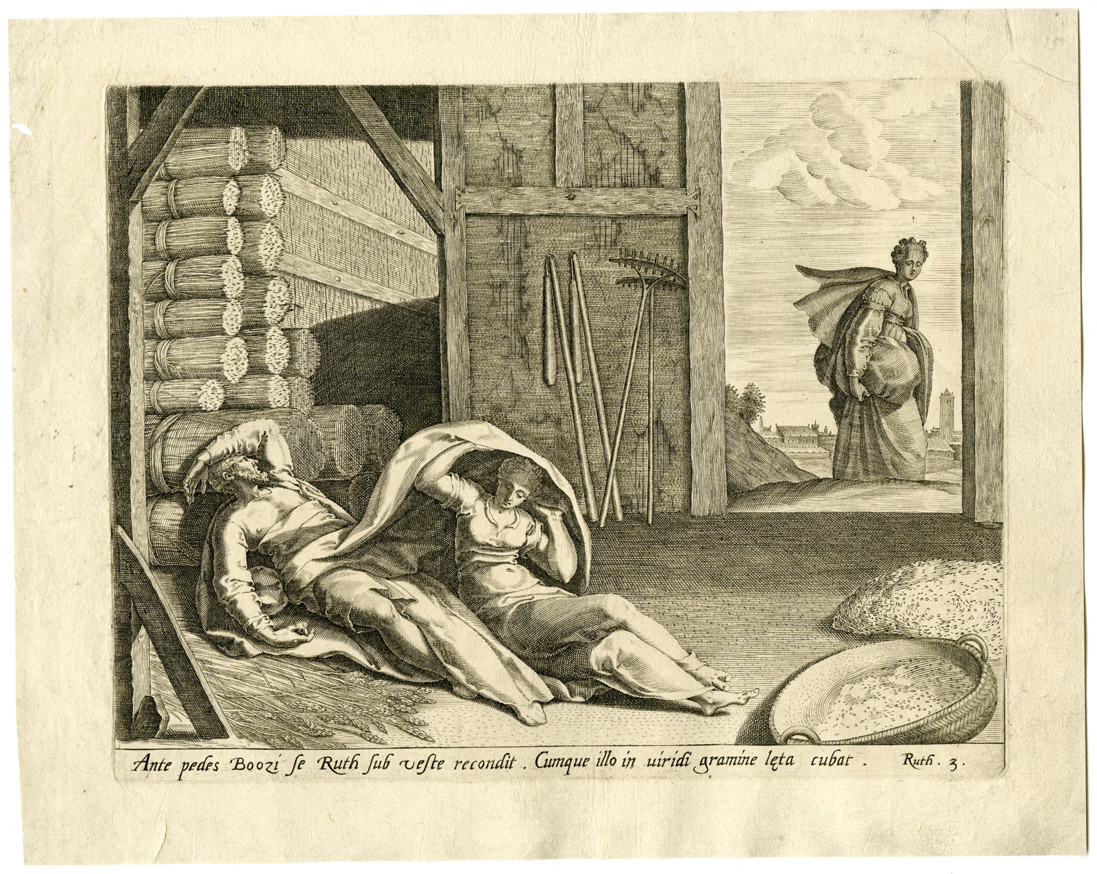 , Antique Master Print-RUTH-BOAZ-NIGHT-SCENE-GRANARY-Galle-de Weerdt-c.1557-1591, Pictura Antique Prints