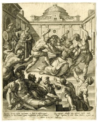 Antique Master Print-ZECHARIAH-STONING-OLD-TESTAMENT-Sadeler-Vos-c.1581-1582