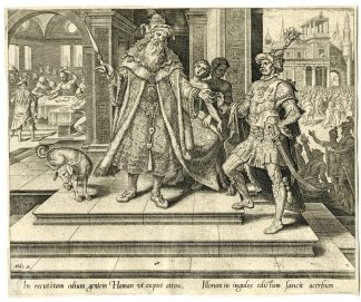 Antique Master Print-AHASUERUS-HAMAN-DECREE-JEWS-ESTHER-Galle-Heemskerck-1564