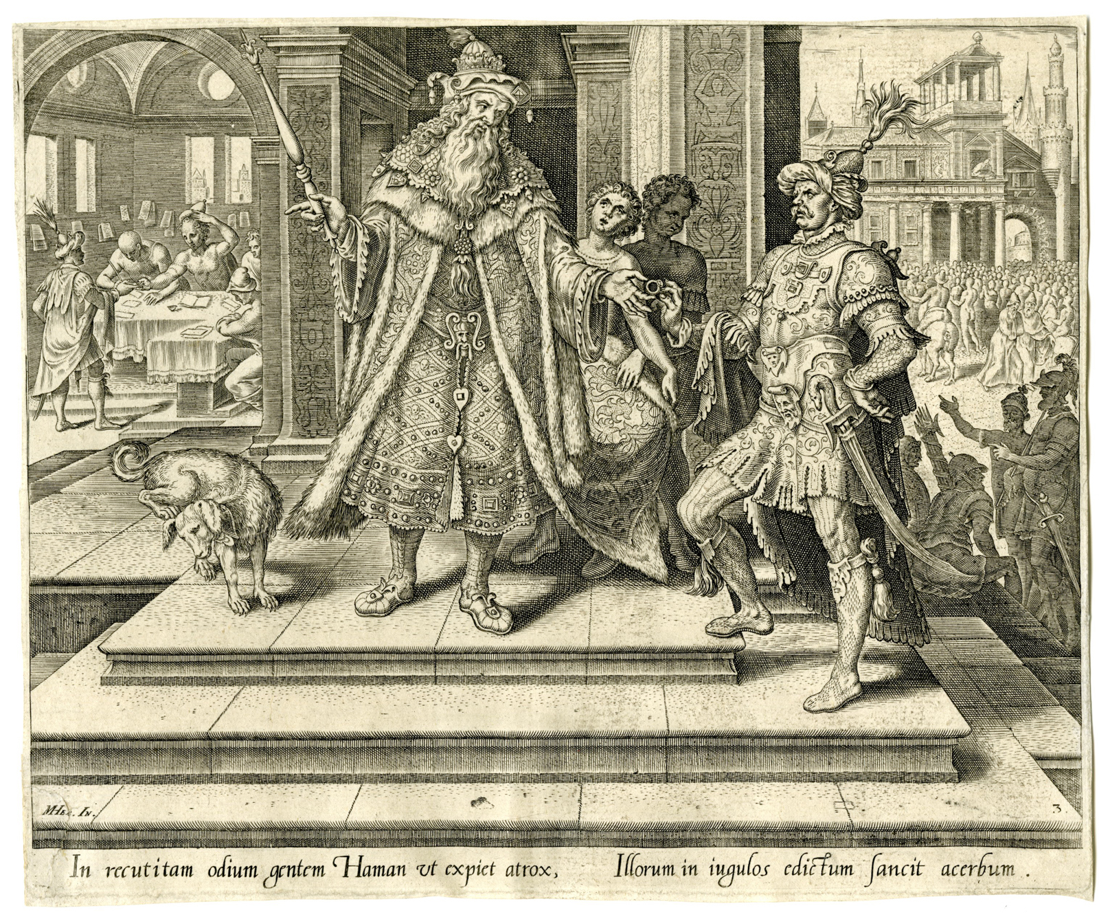, Antique Master Print-AHASUERUS-HAMAN-DECREE-JEWS-ESTHER-Galle-Heemskerck-1564, Pictura Antique Prints
