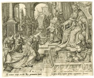 Antique Master Print-ESTHER-AHASUERUS-SCEPTRE-PARDON-Galle-Heemskerck-1564