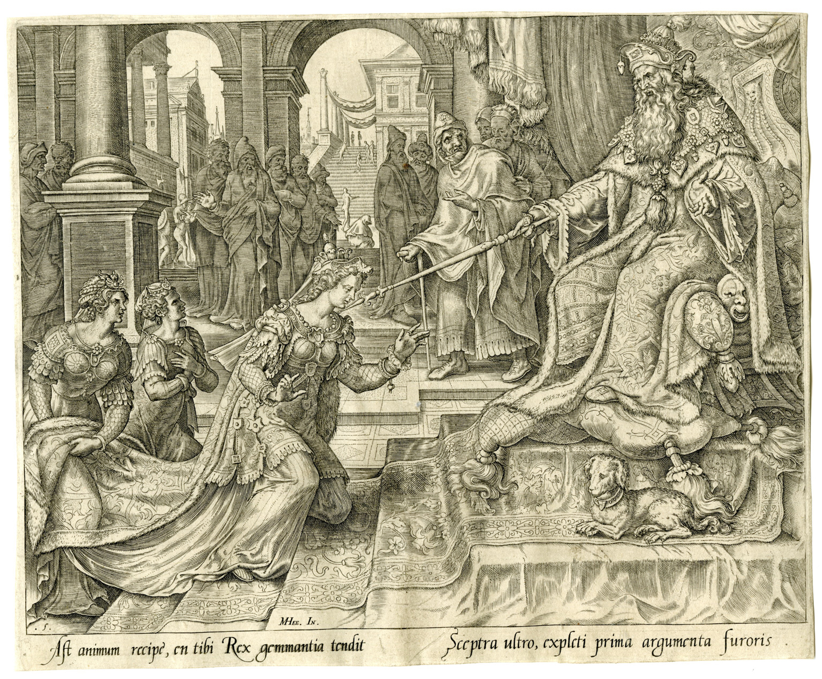 , Antique Master Print-ESTHER-AHASUERUS-SCEPTRE-PARDON-Galle-Heemskerck-1564, Pictura Antique Prints