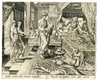 Antique Master Print-ESTHER-KING-AHASUERUS-READING-CHRONICLES-Galle-Heemskerck-1564