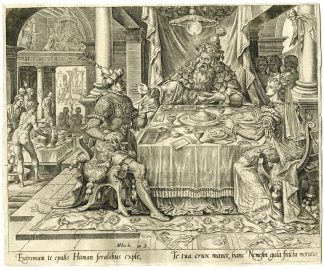 Antique Master Print-ESTHER-ACCUSES-HAMAN-BANQUET-Galle-Heemskerck-1564