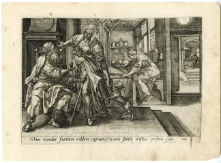 Antique Master Print-STORY OF TOBIAS-ACCUSING ANNA-STEALING THE KID-de Vos-1585