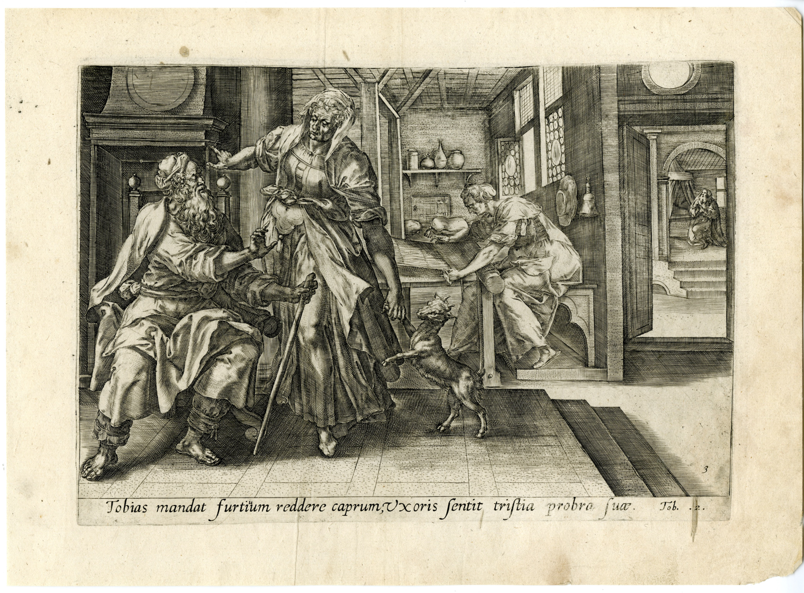 , Antique Master Print-STORY OF TOBIAS-ACCUSING ANNA-STEALING THE KID-de Vos-1585, Pictura Antique Prints