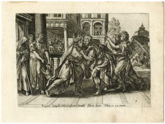 Antique Master Print-STORY OF TOBIAS-ARRIVAL AT RAGUEL-ANGEL-de Vos-1585