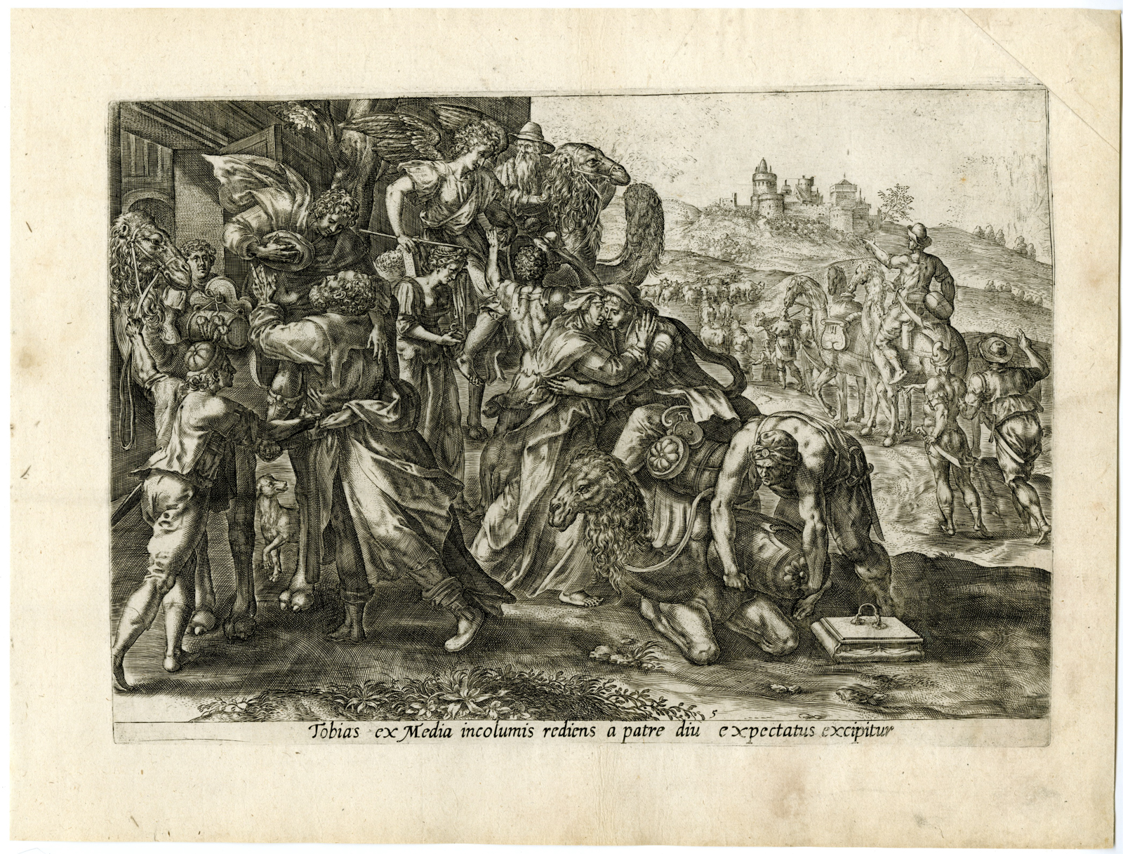 , Antique Master Print-STORY OF TOBIAS-LEAVE FROM MEDINA-DROMEDARY-de Vos-1585, Pictura Antique Prints