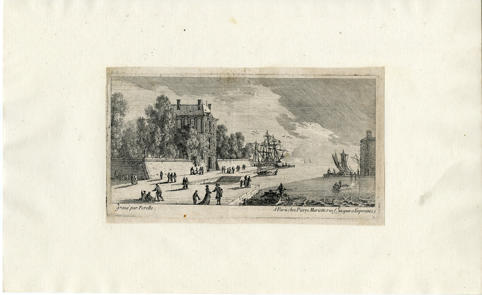 , Antique Master Print-HARBOR-PROMENADE-FIGURES-SHIPS-Perelle-ca. 1650, Pictura Antique Prints