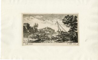 Antique Master Print-PORT-TOWNGATE-GALLEY-Visscher-Perelle-ca. 1675