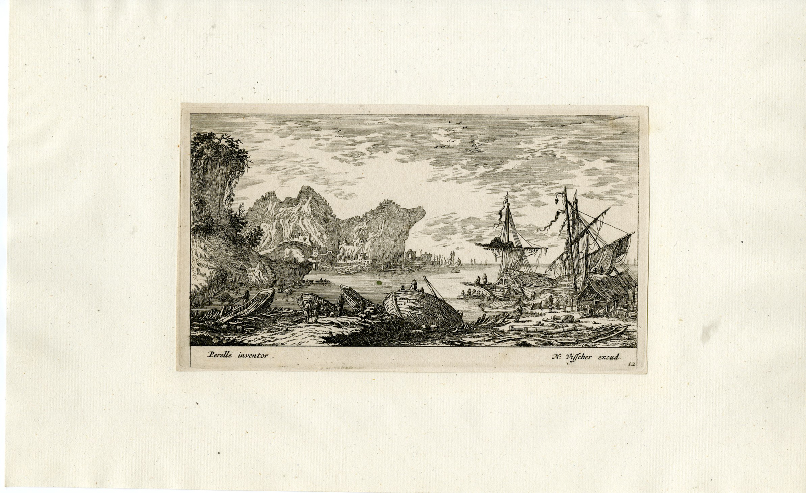 , Antique Master Print-GALLEYS-PORT-Visscher-Perelle-ca. 1675, Pictura Antique Prints