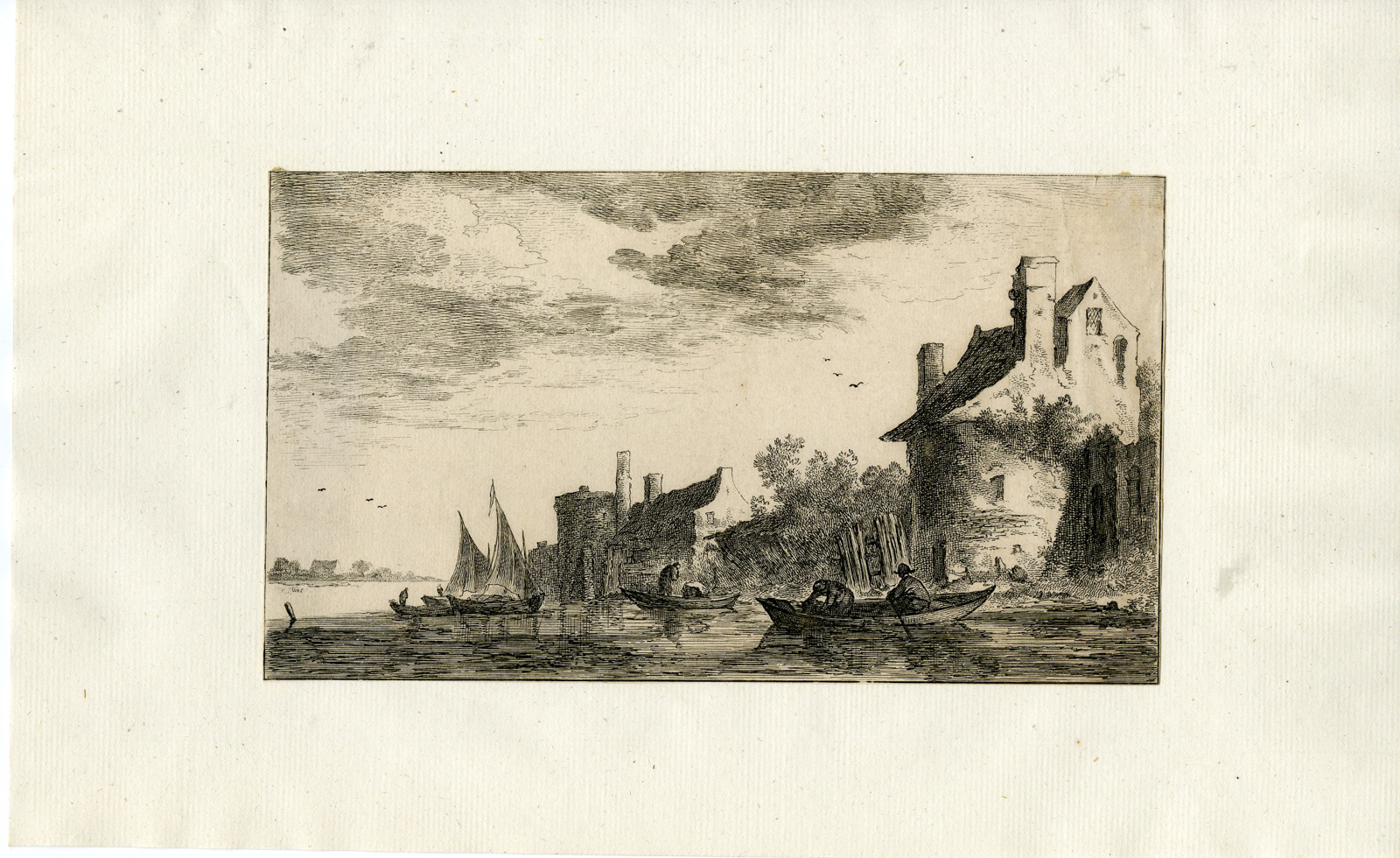 , Antique Master Print-RIVER-LANDSCAPE-Visscher-Goyen-after 1653, Pictura Antique Prints