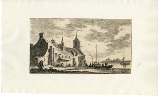 Antique Master Print-CHURCH-RIVER-LANDSCAPE-Visscher-Goyen-ca. 1670