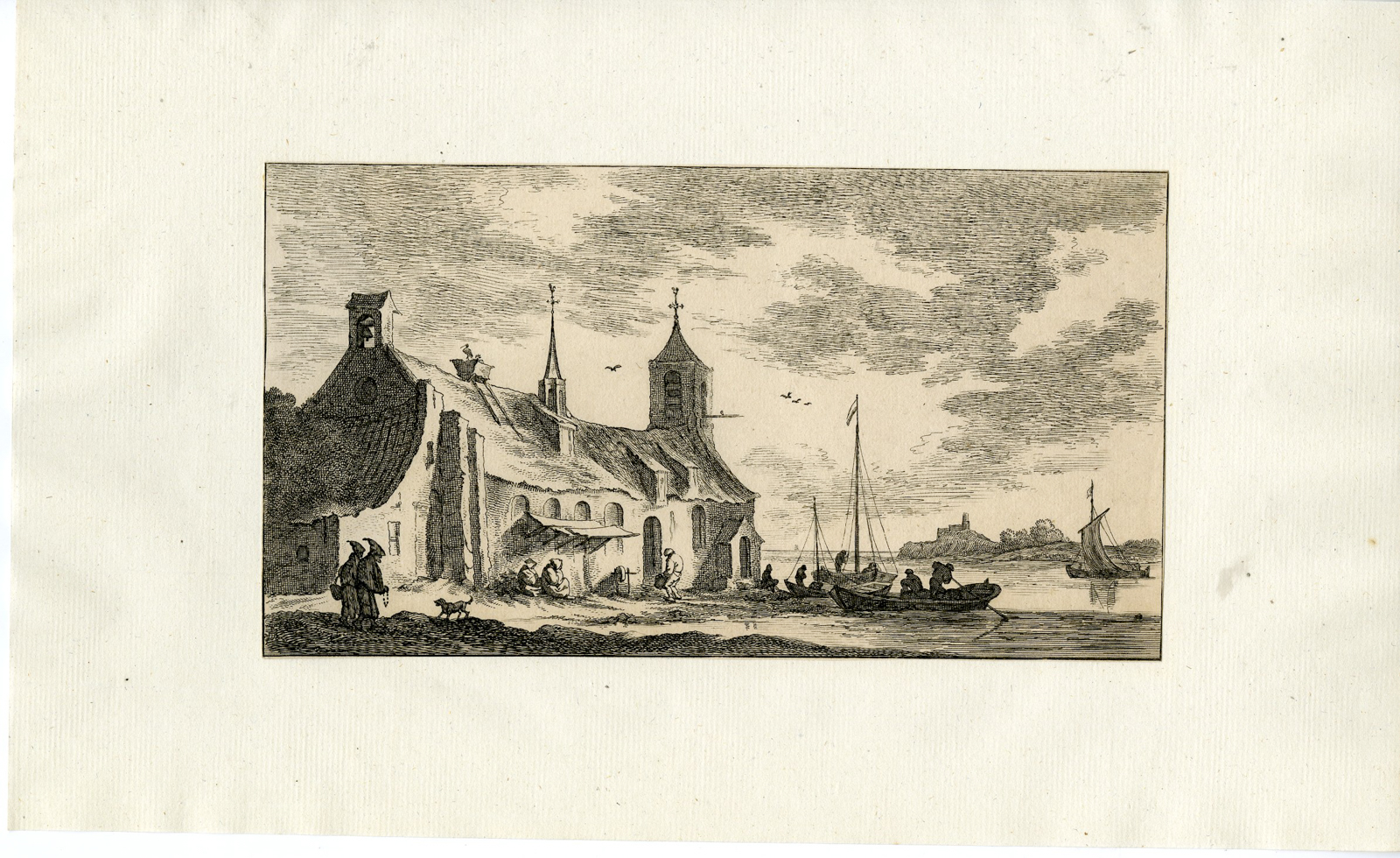 , Antique Master Print-CHURCH-RIVER-LANDSCAPE-Visscher-Goyen-ca. 1670, Pictura Antique Prints