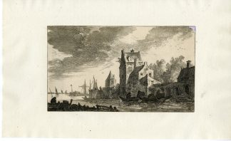 Antique Master Print-HOUSES-RIVER-MOUTH-Visscher-Goyen-after 1653