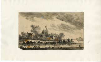 Antique Master Print-FERRY-RIVER-VILLAGE-FERRY-Visscher-Goyen-after 1653