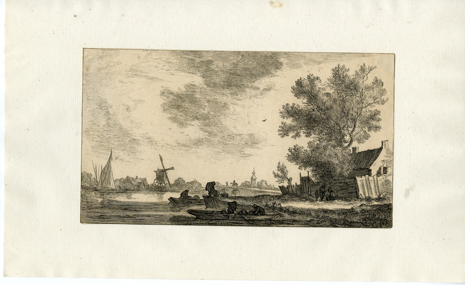, Antique Master Print-RIVER-FERRY-WINDMILL-Visscher-Goyen-after 1653, Pictura Antique Prints