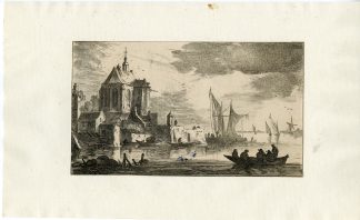 Antique Master Print-CHURCH-RIVER-BOATS-Visscher-Goyen-after 1653