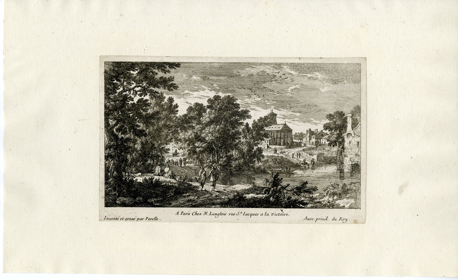 , Antique Master Print-FRENCH-RIVER-LANDSCAPE-VILLAGE-CHURCH-Perelle-ca. 1650-1670, Pictura Antique Prints