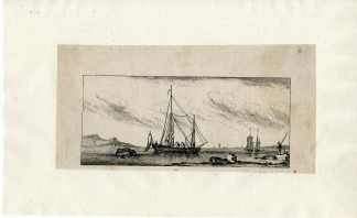 Antique Master Print-SMALL-SAILBOAT-AND-COASTAL-FISHERMAN-Anonymous-17th c.