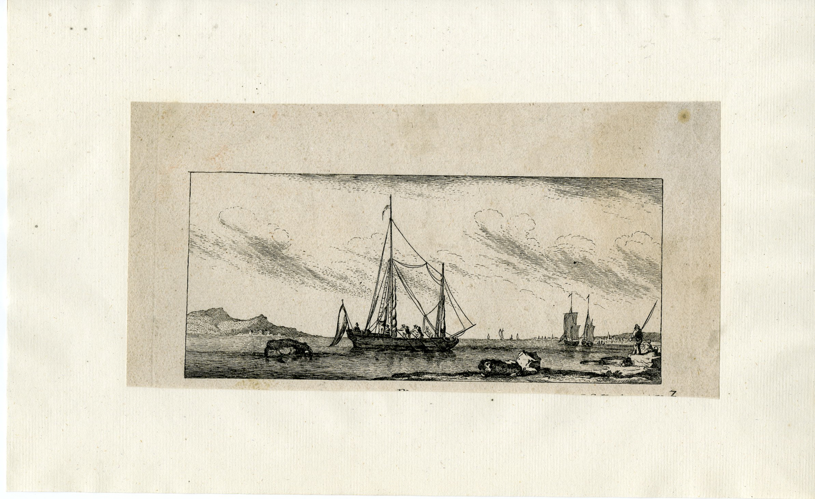 , Antique Master Print-SMALL-SAILBOAT-AND-COASTAL-FISHERMAN-Anonymous-17th c., Pictura Antique Prints