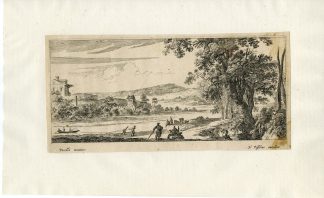 Antique Master Print-RIVER-BARGE-BOAT-LANDSCAPE-Perelle-17th c.