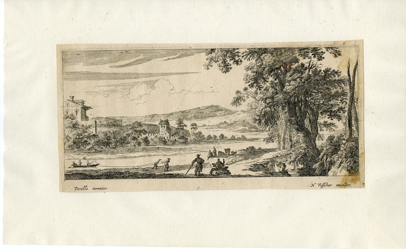 , Antique Master Print-RIVER-BARGE-BOAT-LANDSCAPE-Perelle-17th c., Pictura Antique Prints