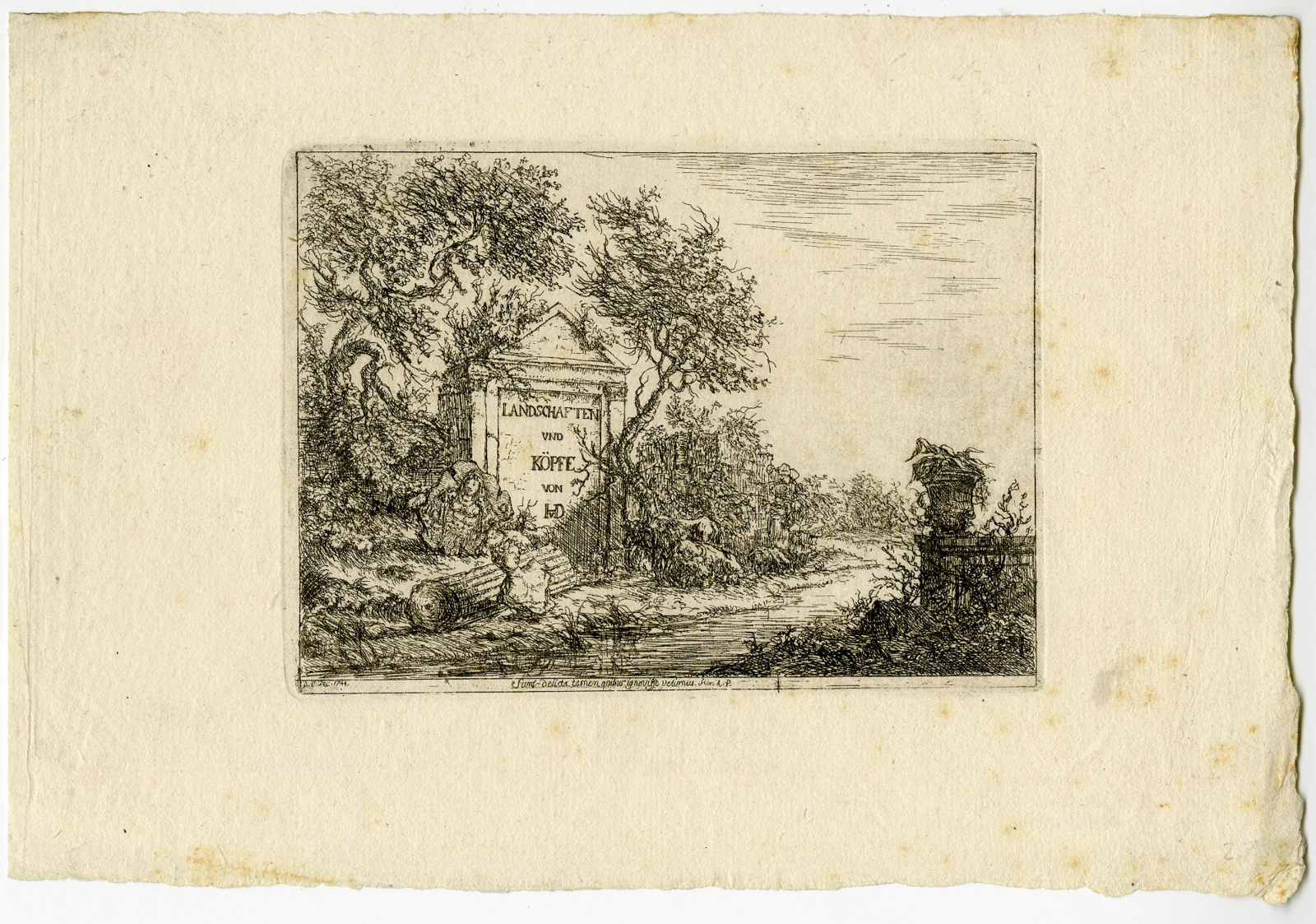 , Antique Master Print-LANDSCAPES-HEADS-TITLE-PAGE-Hagedorn-1744, Pictura Antique Prints