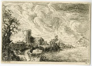 Antique Master Print-CASTLE-RIVERSIDE-ETCHING-Hagedorn-1743