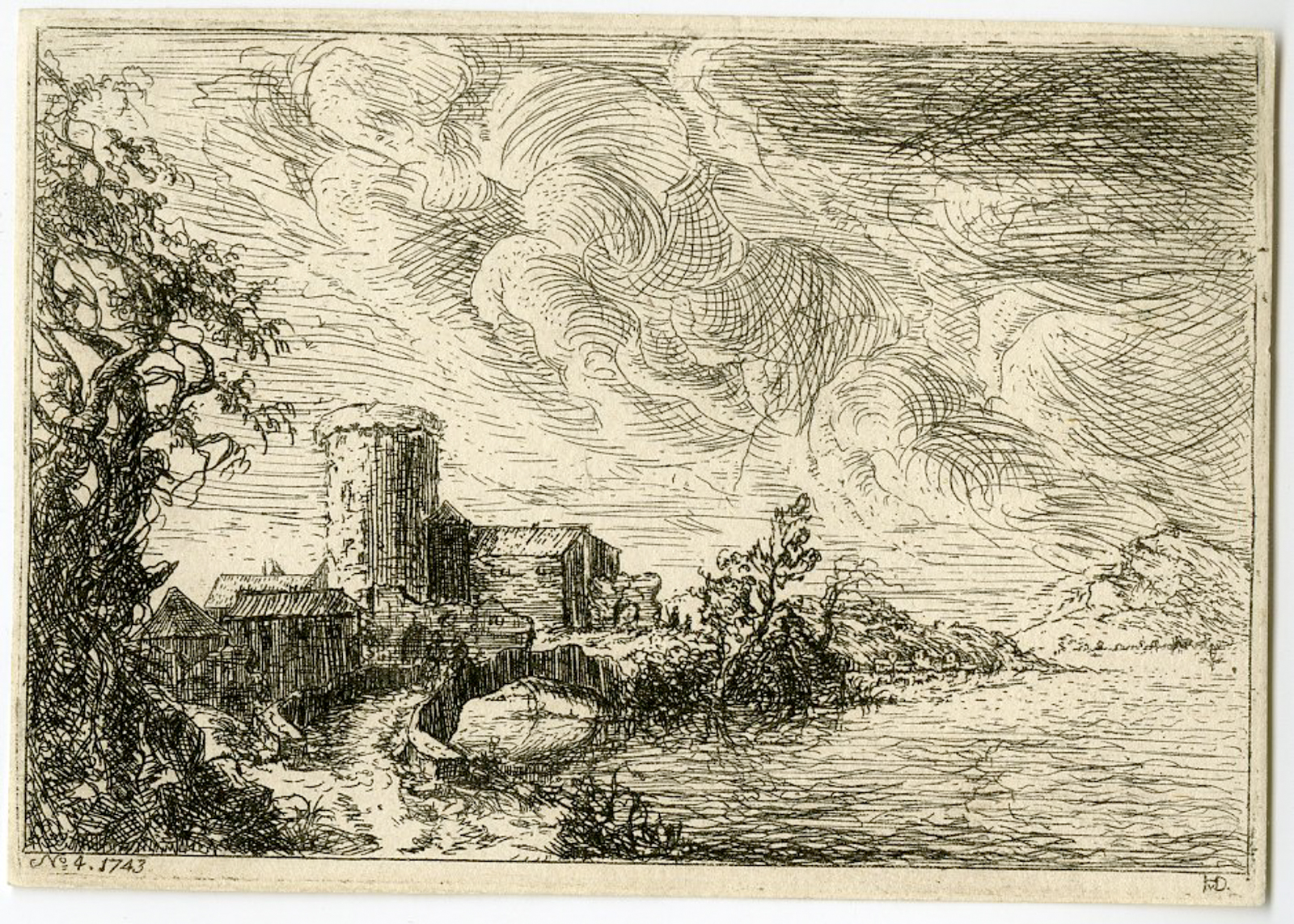 , Antique Master Print-CASTLE-RIVERSIDE-ETCHING-Hagedorn-1743, Pictura Antique Prints