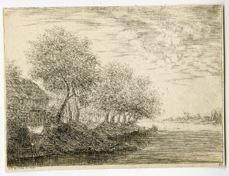 Antique Master Print-RIVERBANK-TREES-COTTAGE-Hagedorn-1743