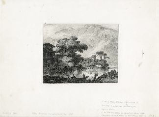 Antique Master Print-FISHING-CABIN-SWISS-LAKE-ETCHING-Hess-1798