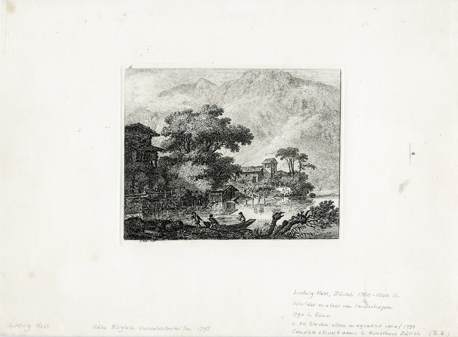 , Antique Master Print-FISHING-CABIN-SWISS-LAKE-ETCHING-Hess-1798, Pictura Antique Prints