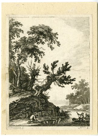 Antique Master Print-LANDSCAPE-RIVER-BOAT-TREE-FIGURES-Heimlich-c.1770