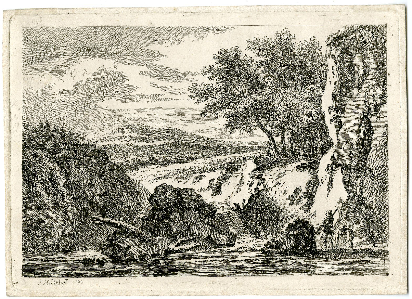 , Rare-Antique Master Print-RIVER-FISHERMEN-WATERFALL-AUSTRIA-Heideloff-1792, Pictura Antique Prints