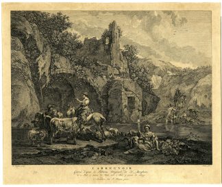 Antique Master Print-CATTLE-SHEPHARD-PASTORAL-RUINS-Pelletier-Berchem-1746-1780